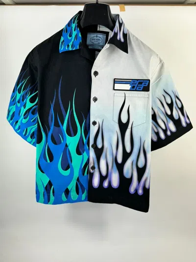 Pre-owned Prada Double Match Flame Print Box Fit Shirt In Blue Purple