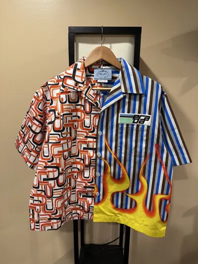 Pre-owned Prada Double Match Fw18 Flame / Striped Bowling Shirt In Multi