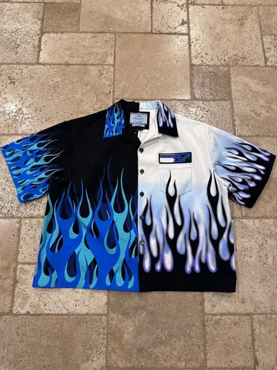 Pre-owned Prada Double Match Fw20 Blue/white Flames Bowling Boxy Shirt