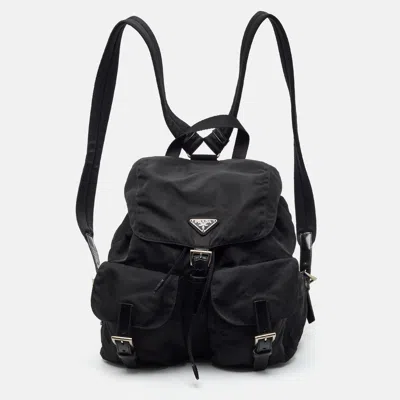 Pre-owned Prada Double Pocket Black Leather And Nylon Backpack