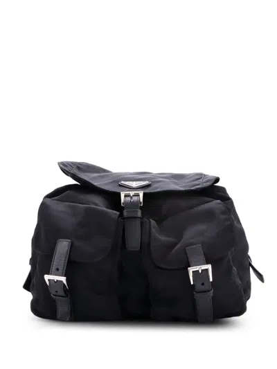 Pre-owned Prada Double Pocket Buckle Tessuto Medium Backpack In Black