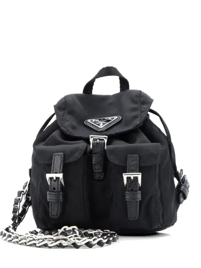 Pre-owned Prada Double Pocket Chain Shoulder Bag Re-nylon Mini Backpack In Black