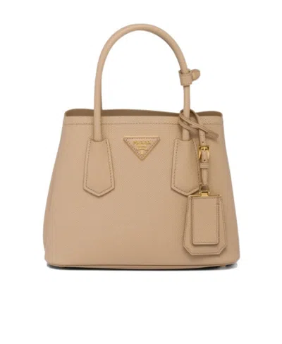 Prada Structured Leather Top Handle Shoulder Bag In Beige