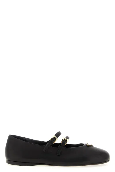 Prada Woven Flat Shoes With Adjustable Gold-tone Straps In Black
