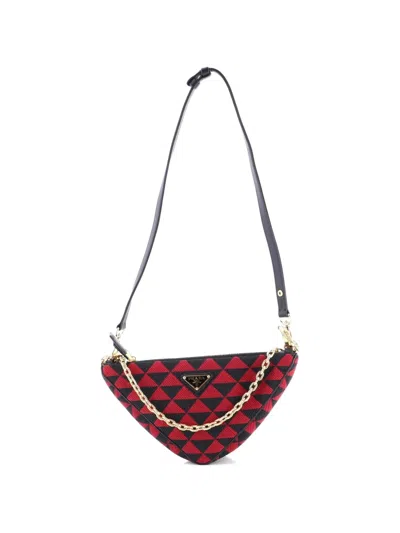Pre-owned Prada Double Symbole Triangle Bag Leather And Jacquard Mini Shoulder Bag In Black