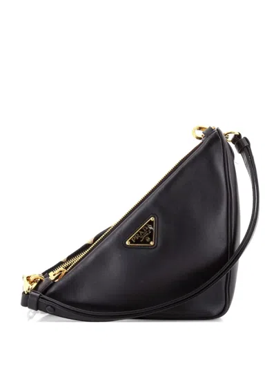 Pre-owned Prada Double Symbole Triangle Bag Leather And Jacquard Mini Shoulder Bag In Black