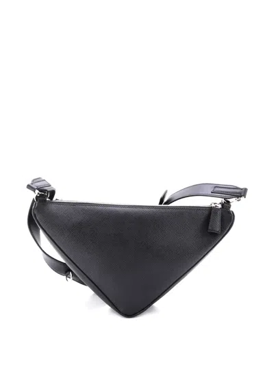 Pre-owned Prada Double Triangle Logo Zip Shoulder Bag Saffiano Leather And Leather Crossbody Bag In Black