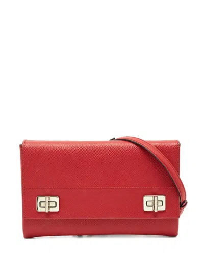 Pre-owned Prada Double Turnlock Leather Crossbody Bag In Red