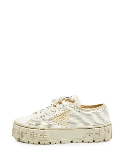 Pre-owned Prada Double Wheel Sequin Sneakers In White