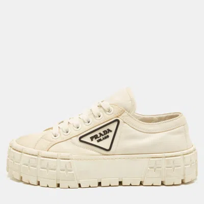 Pre-owned Prada Double Wheel Size 38 White Nylon Lace Up Sneakers
