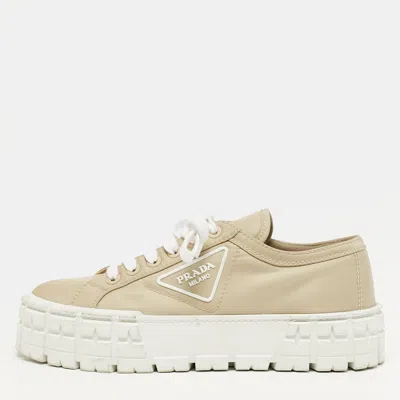 Pre-owned Prada Double Wheel Size 40.5 Beige Nylon Lace Up Sneakers In Sand