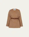 Prada Double Wool Leather Belted Caban Jacket In Brown