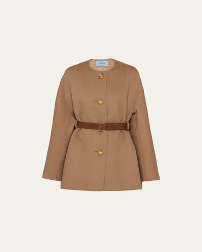 PRADA DOUBLE WOOL LEATHER BELTED CABAN JACKET