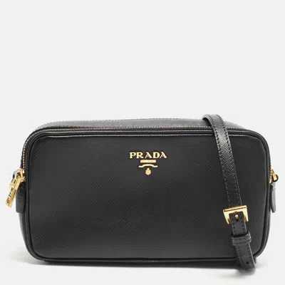 Pre-owned Prada Double Zip Black Saffiano Lux Leather Camera Crossbody Bag
