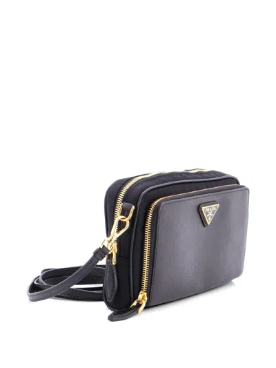 Pre-owned Prada Double Zip Camera Bag Tessuto And Saffiano Leather Mini Crossbody Bag In Black