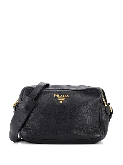 Pre-owned Prada Double Zip Camera Bag Vitello Daino Crossbody Bag In Black