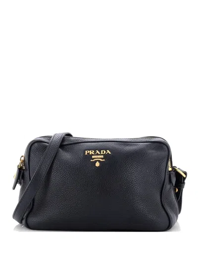 Pre-owned Prada Double Zip Camera Bag Vitello Daino Crossbody Bag In Black