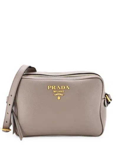 Pre-owned Prada Double Zip Camera Bag Vitello Daino Crossbody Bag In Gray