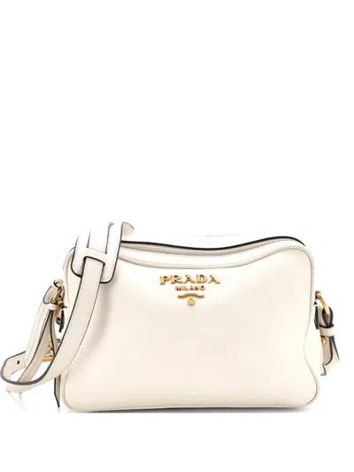 Pre-owned Prada Double Zip Camera Bag Vitello Daino Crossbody Bag In White