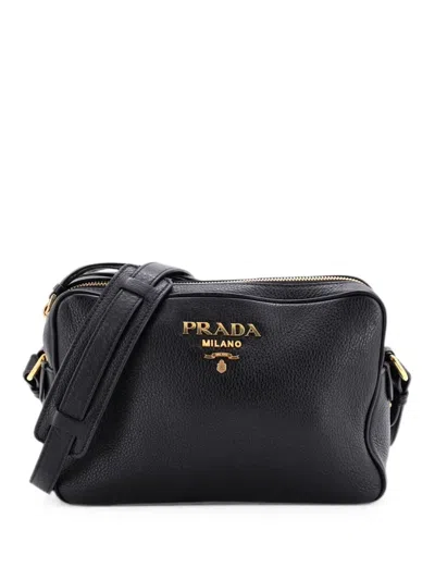 Pre-owned Prada Double Zip Camera Bag Vitello Phenix Medium Crossbody Bag In Black