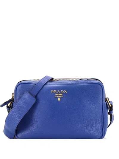 Pre-owned Prada Double Zip Camera Bag Vitello Phenix Medium Crossbody Bag In Blue