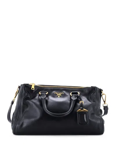 Pre-owned Prada Double Zip Convertible Soft Calf Large Tote Bag In Black