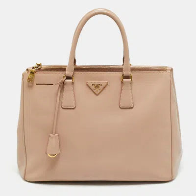 Pre-owned Prada Double Zip Large Beige Saffiano Leather Tote In Sand