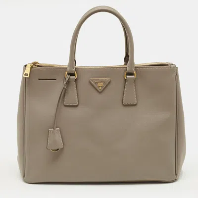 Pre-owned Prada Double Zip Large Grey Saffiano Leather Tote In Gray