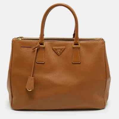 Pre-owned Prada Double Zip Large Tan Saffiano Lux Leather Tote In Brown