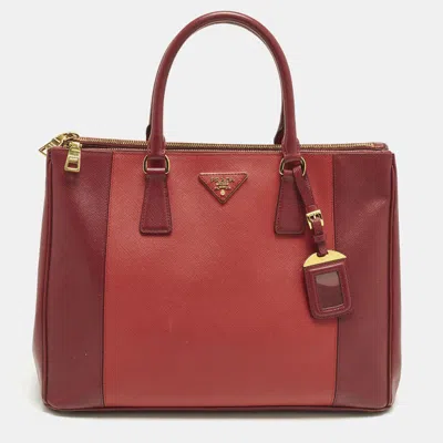 Pre-owned Prada Double Zip Large Two Tone Red Saffiano Leather Tote