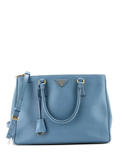 Pre-owned Prada Double Zip Lux Saffiano Leather Medium Tote Bag In Blue