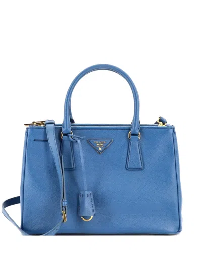 Pre-owned Prada Double Zip Lux Saffiano Leather Small Tote Bag In Blue