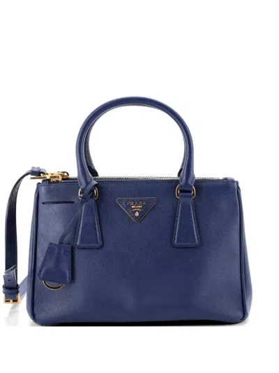 Pre-owned Prada Double Zip Lux Saffiano Leather Small Tote Bag In Blue