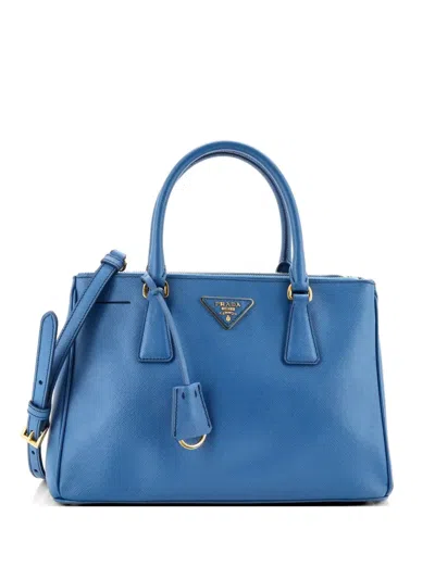 Pre-owned Prada Double Zip Lux Saffiano Leather Small Tote Bag In Blue