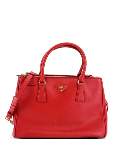 Pre-owned Prada Double Zip Lux Saffiano Leather Small Tote Bag In Red