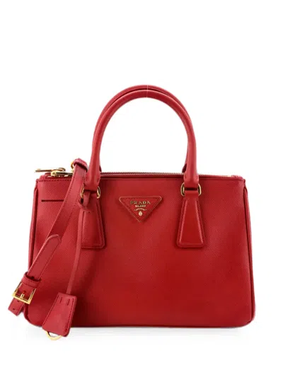 Pre-owned Prada Double Zip Lux Saffiano Leather Small Tote Bag In Red