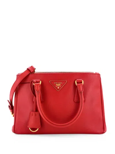 Pre-owned Prada Double Zip Lux Saffiano Leather Small Tote Bag In Red