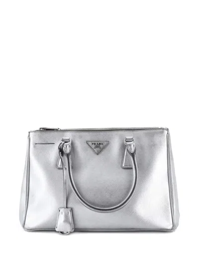 Pre-owned Prada Double Zip Lux Saffiano Leather Small Tote Bag In Silver