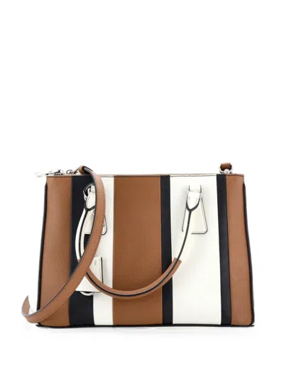 Pre-owned Prada Double Zip Lux Striped Saffiano Leather Small Tote Bag In Black
