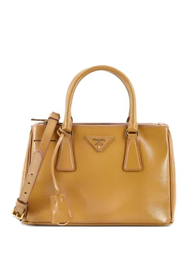 Pre-owned Prada Double Zip Lux Tote Vernice Saffiano Leather Small Satchel In Neutral