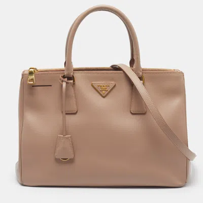 Pre-owned Prada Double Zip Medium Beige Saffiano Lux Leather Tote In Sand