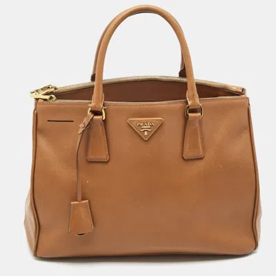 Pre-owned Prada Double Zip Medium Brown Saffiano Lux Leather Tote In Sand