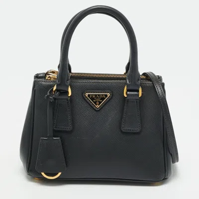 Pre-owned Prada Double Zip Mini Black Saffiano Lux Leather Tote