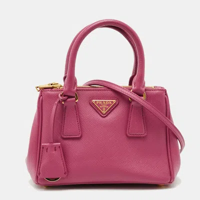 Pre-owned Prada Double Zip Mini Fuchsia Saffiano Lux Leather Tote In Pink