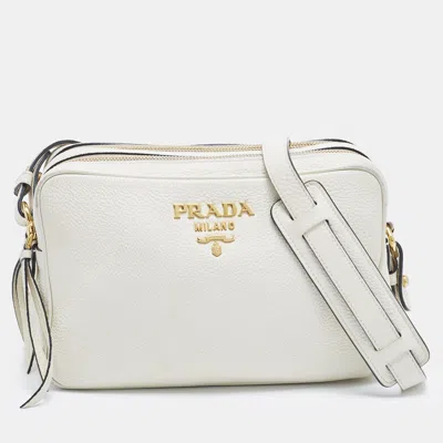 Pre-owned Prada Double Zip Off White Vitello Daino Leather Camera Bag