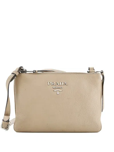 Pre-owned Prada Double Zip Vitello Daino Small Crossbody Bag In Neutral