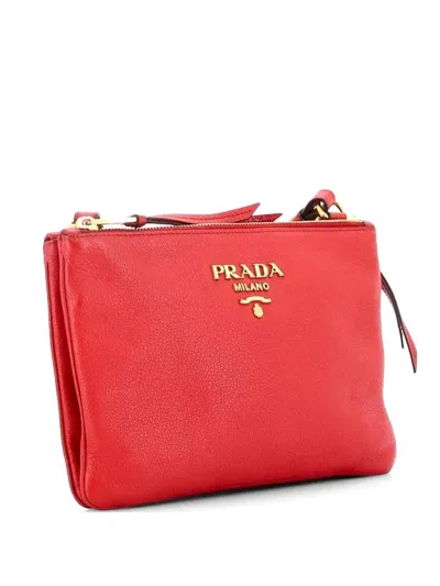 Pre-owned Prada Double Zip Vitello Daino Small Crossbody Bag In Red