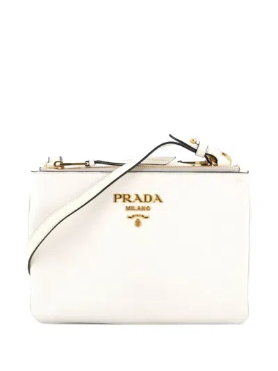 Pre-owned Prada Double Zip Vitello Daino Small Crossbody Bag In White