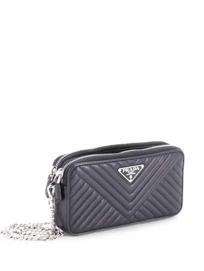 Pre-owned Prada Double Zip Wallet On Chain Crossbody Chevron Leather Mini Shoulder Bag In Black