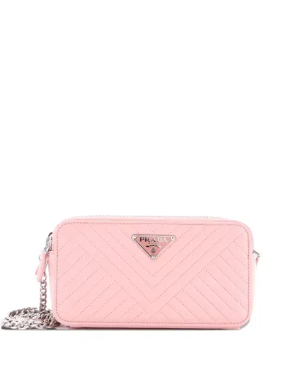 Pre-owned Prada Double Zip Wallet On Chain Crossbody Chevron Leather Mini Shoulder Bag In Pink